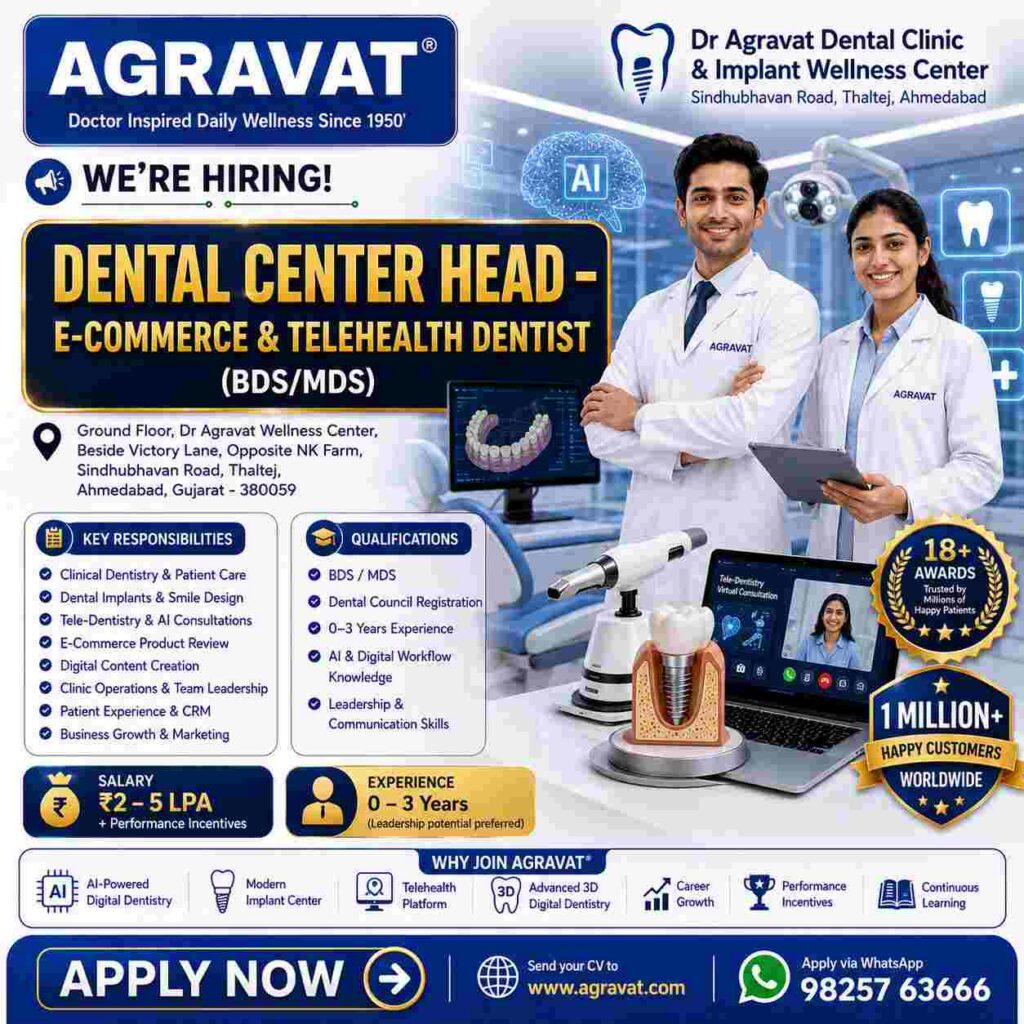 Dr Agravat Dental Clinic Implant Wellness Center Ahmedabad. Hiring Dental Clinic Head E-Commerce Telehealth Dentist Job BDS_MDS